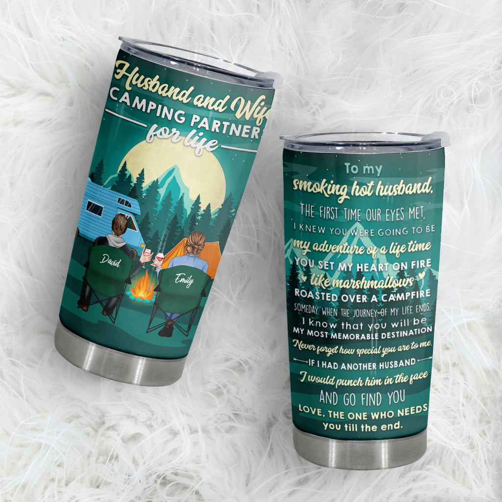 Let's Sit By The Campfire, Camping Couples Tumbler Mug, 20 oz, Valentine Gift For Wife Or Husband