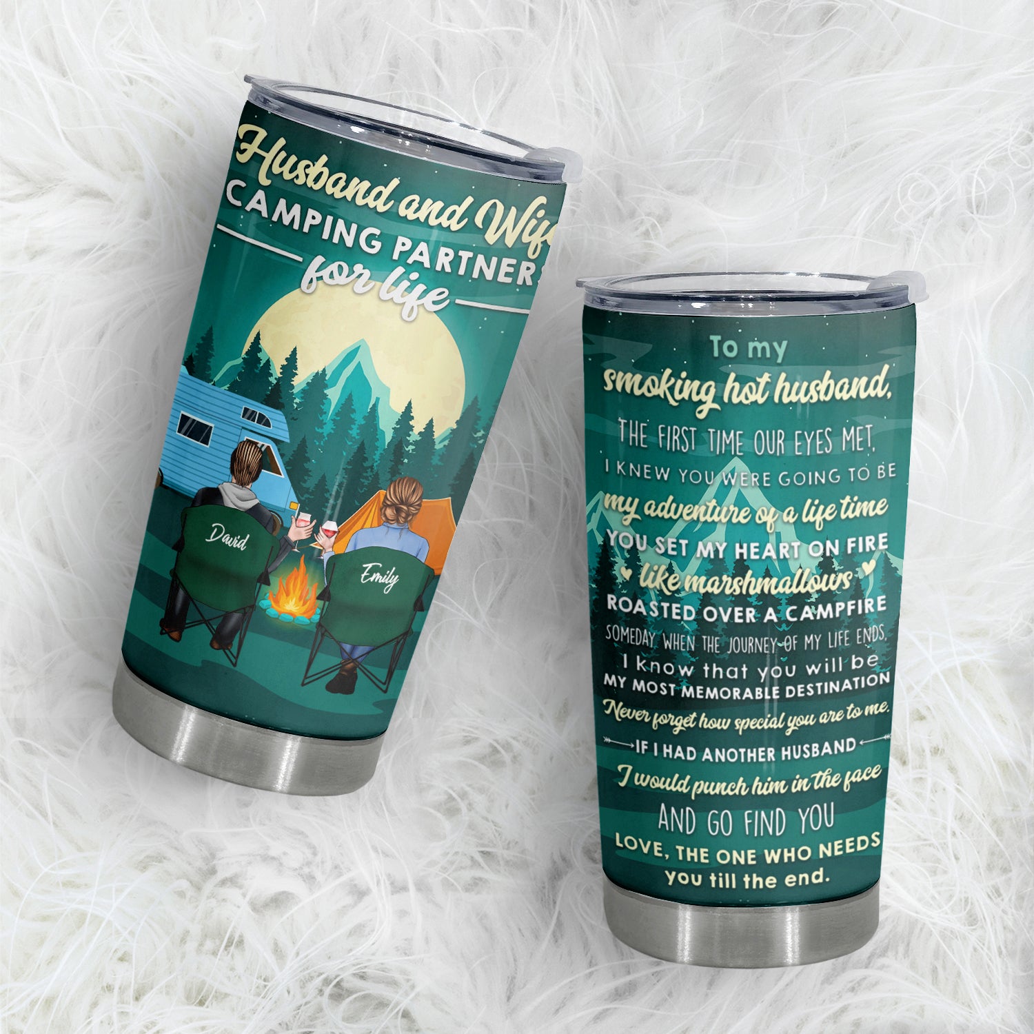 Let's Sit By The Campfire, Camping Couples Tumbler Mug, 20 oz, Valentine Gift For Wife Or Husband