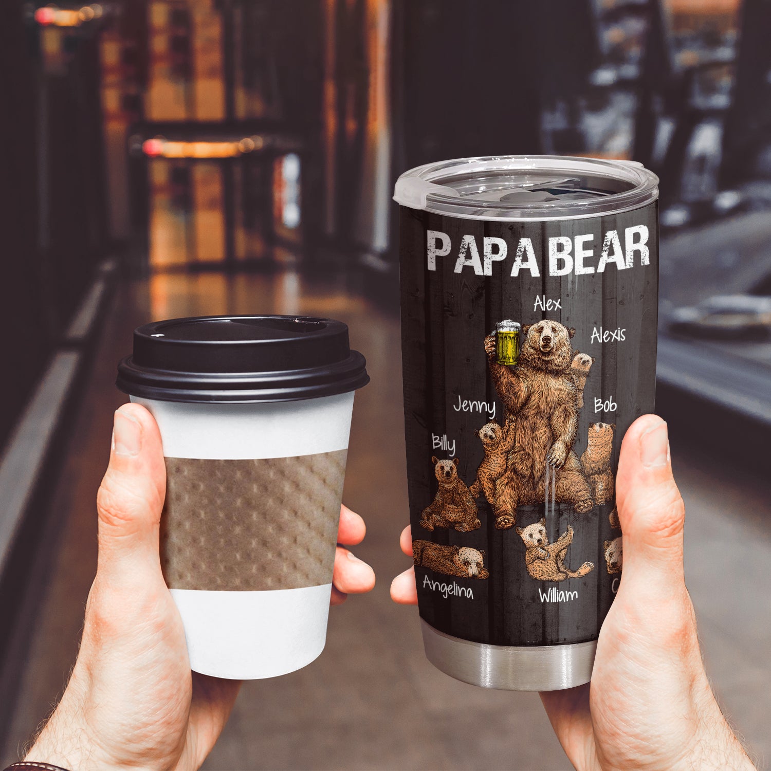 Papa Bear Warning,  Personalized Name Tumbler, 20 oz, Gift For Dad From Daughter Son