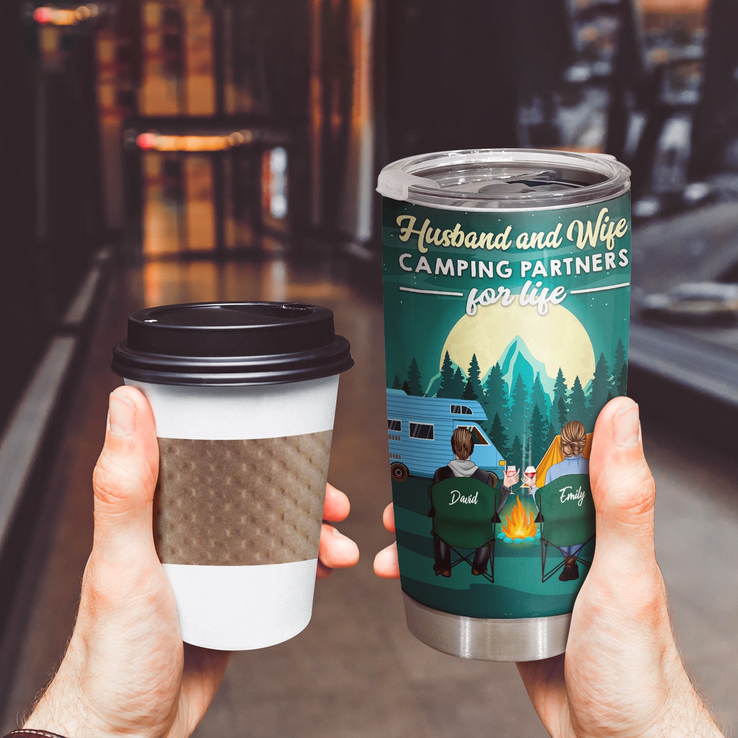 Let's Sit By The Campfire, Camping Couples Tumbler Mug, 20 oz, Valentine Gift For Wife Or Husband